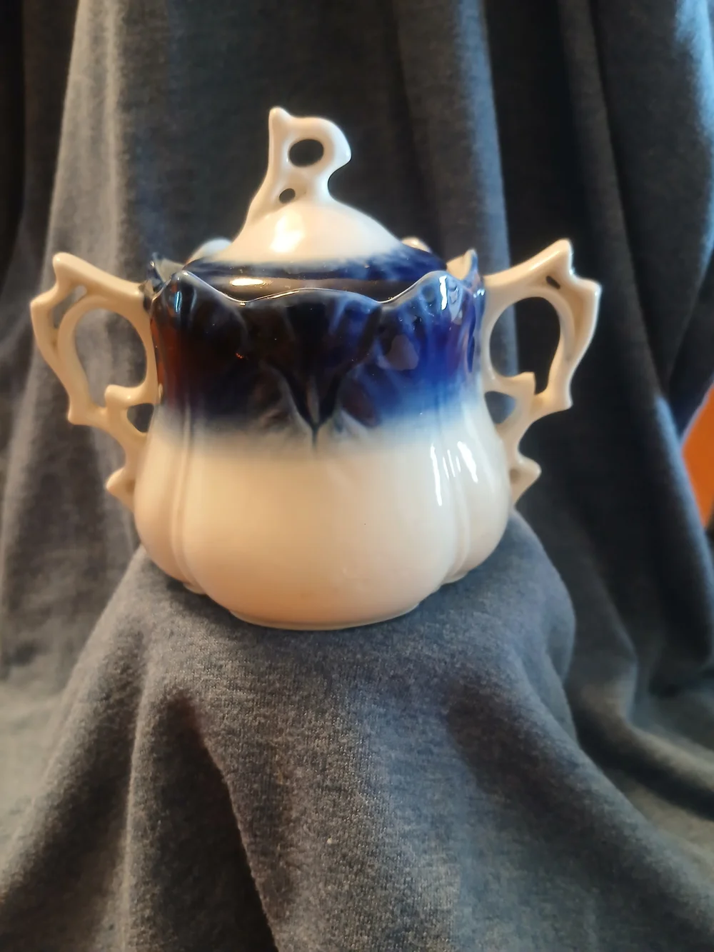 Antique Wheelock Germany Souvenier Sugar Bowl Cobalt Flow Blue Dubuque 1890s